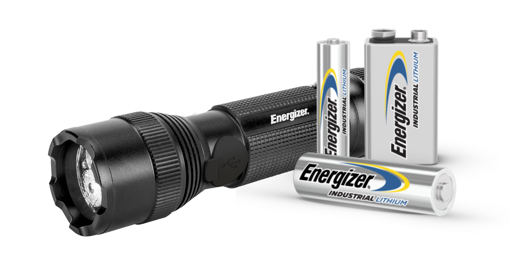 an Energizer Flashlight and 3 Energizer Industrial Lithium Batteries