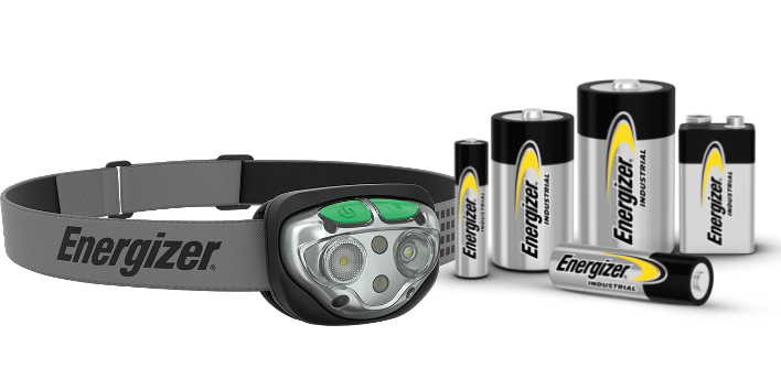 an Energizer Vision HD+ Focus Industrial Headlamp and some Energizer Industrial Alkaline Batteries